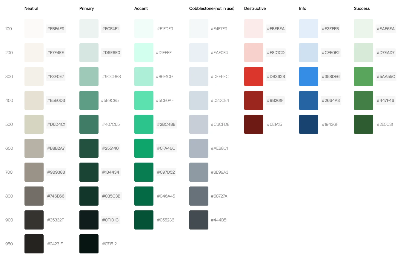 Color scales: neutral, primary, accent, destructive, info and success