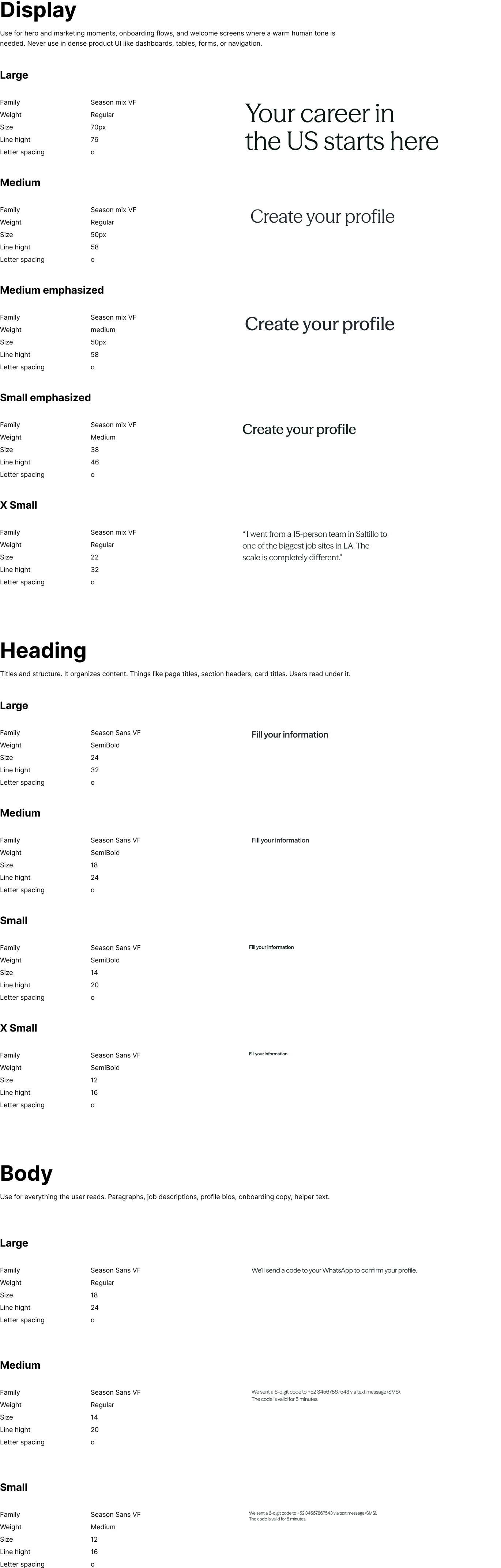 Type scale: display, heading and body styles