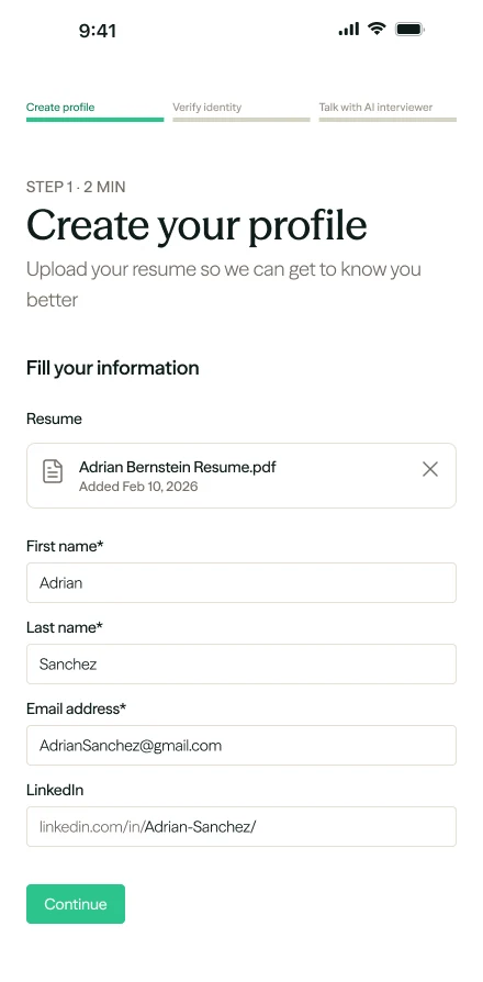 Create your profile on mobile