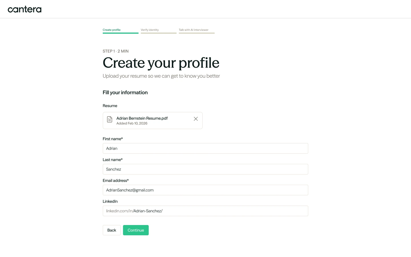 Create your profile: the uploaded resume fills in name, email and LinkedIn