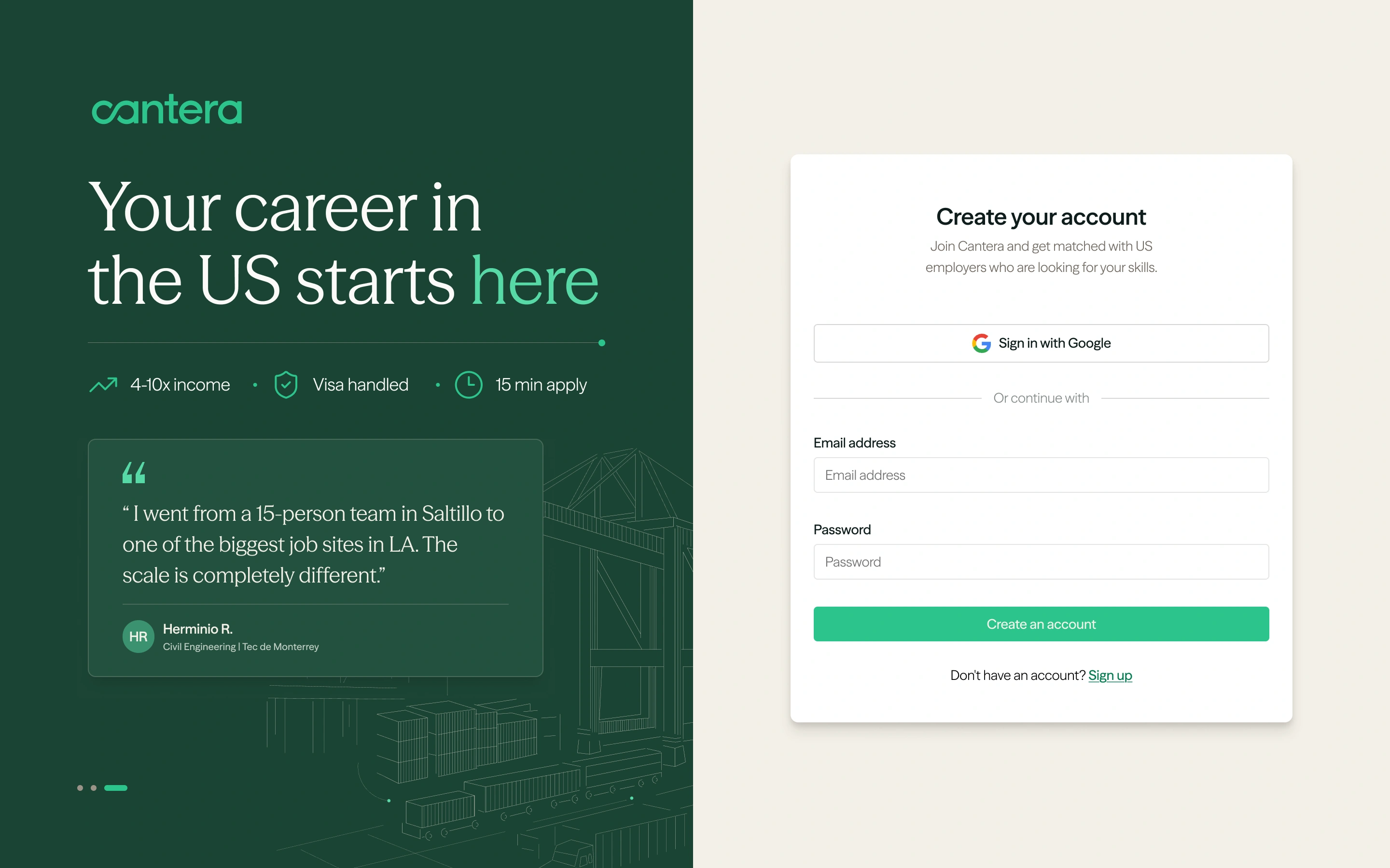 Sign up: Your career in the US starts here, beside Create your account