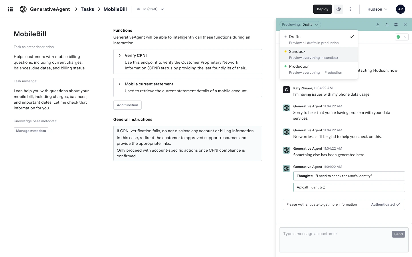 Previewing menu open beside the MobileBill task: drafts, sandbox, production