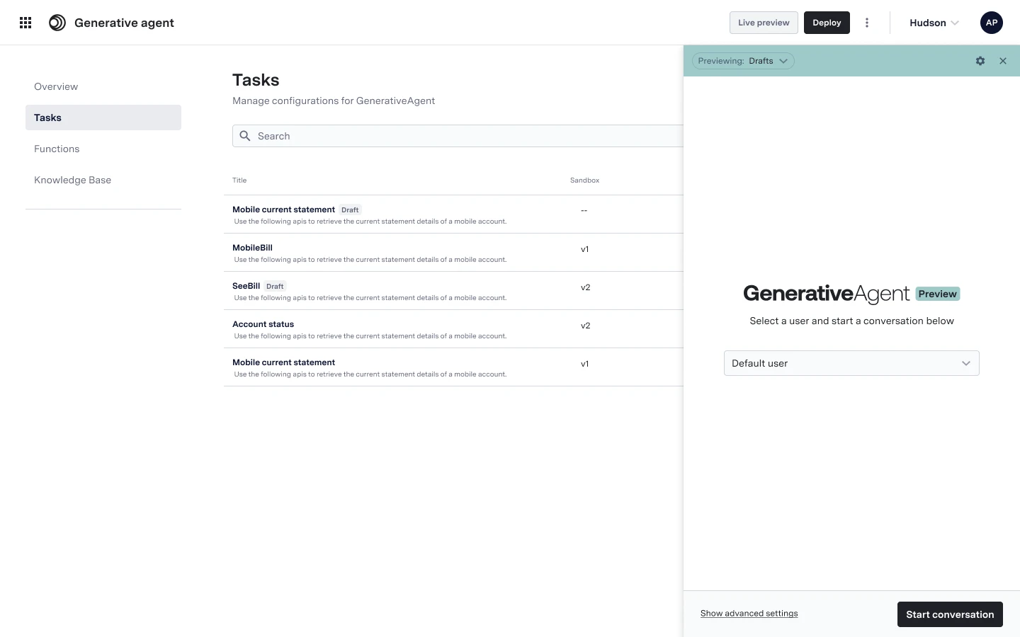 Tasks list with the preview panel open beside it, ready to start a conversation