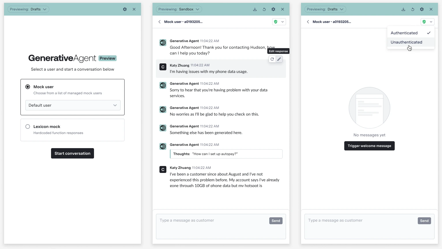 Three preview panels: choosing a mock user, editing or regenerating a response, and switching authentication