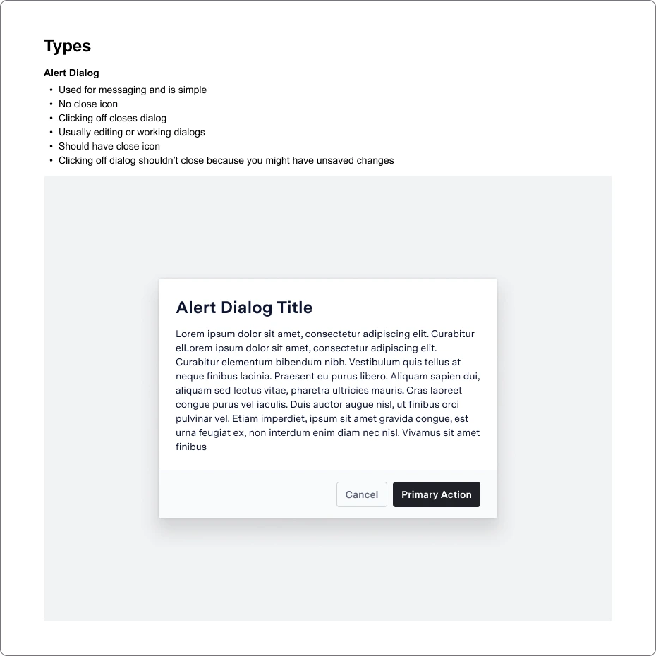 Alert dialog type guidelines with an example