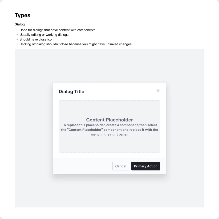 Dialog type guidelines with a standard dialog example