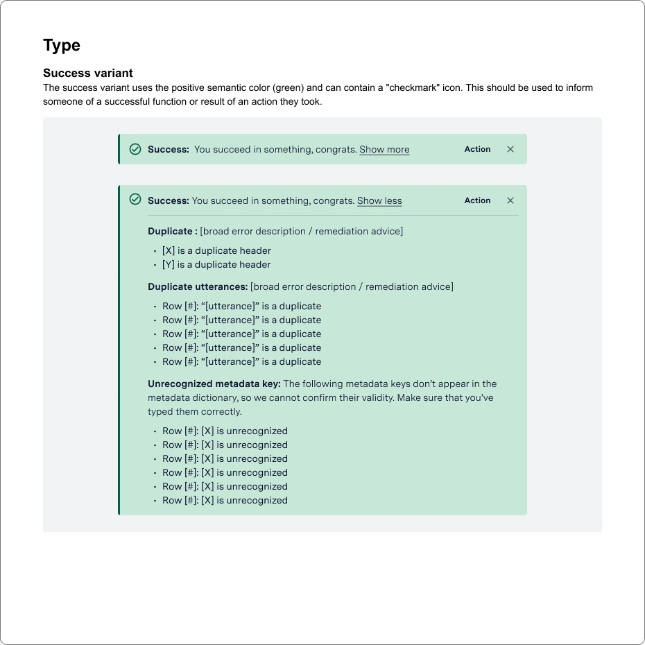 Expandable inline notification: a success message that expands into grouped validation details