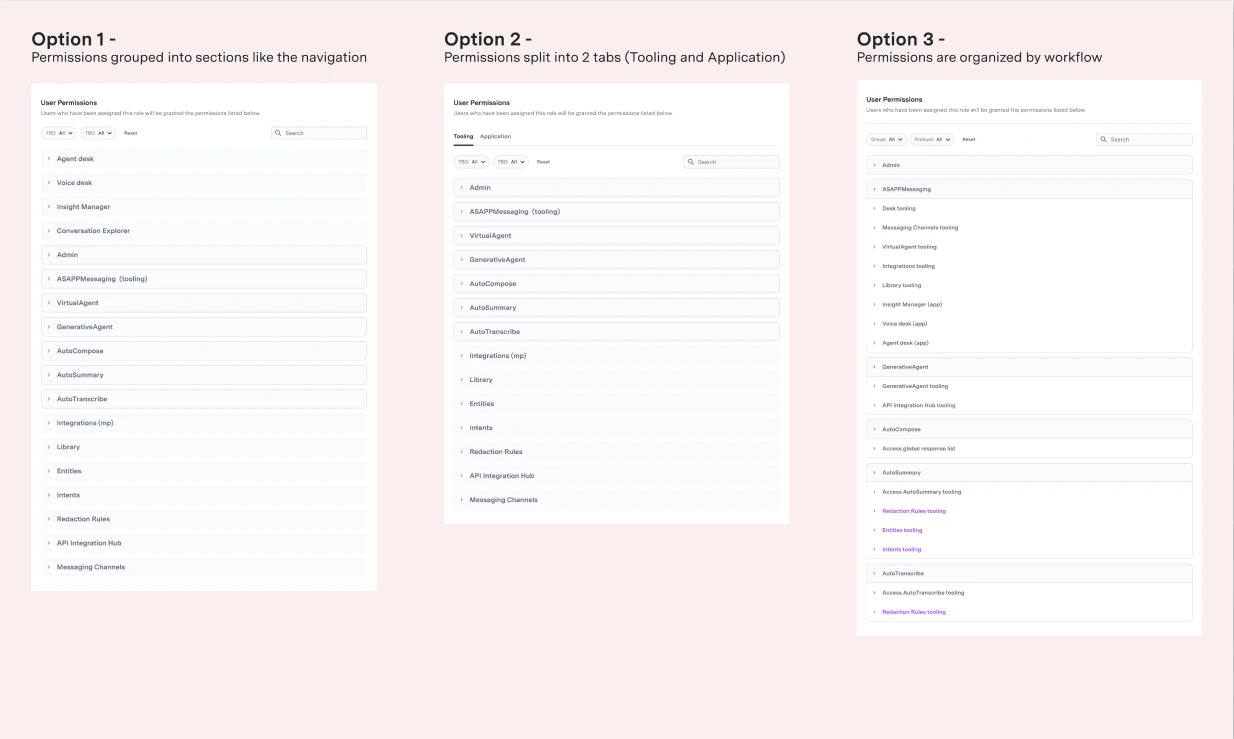 Three explorations: sections like the navigation, two tabs, and permissions organized by workflow