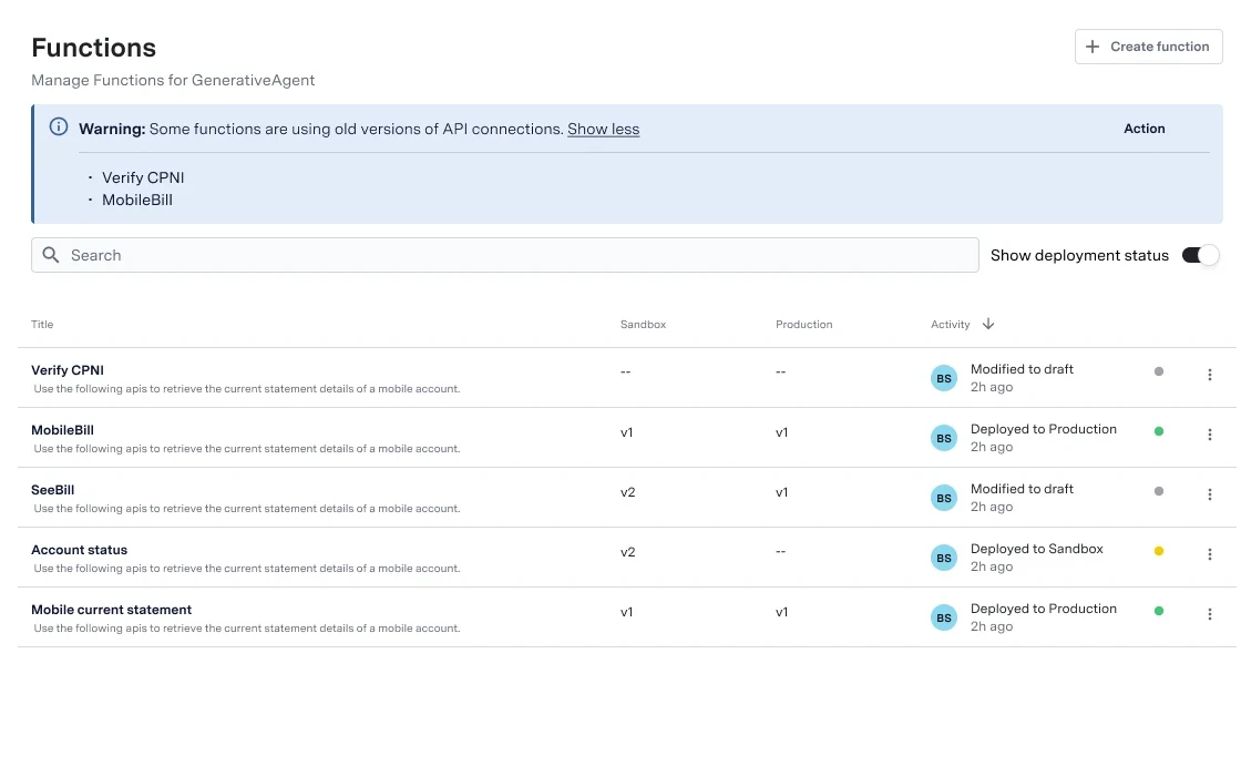 Functions list with a warning: some functions are using old versions of API connections