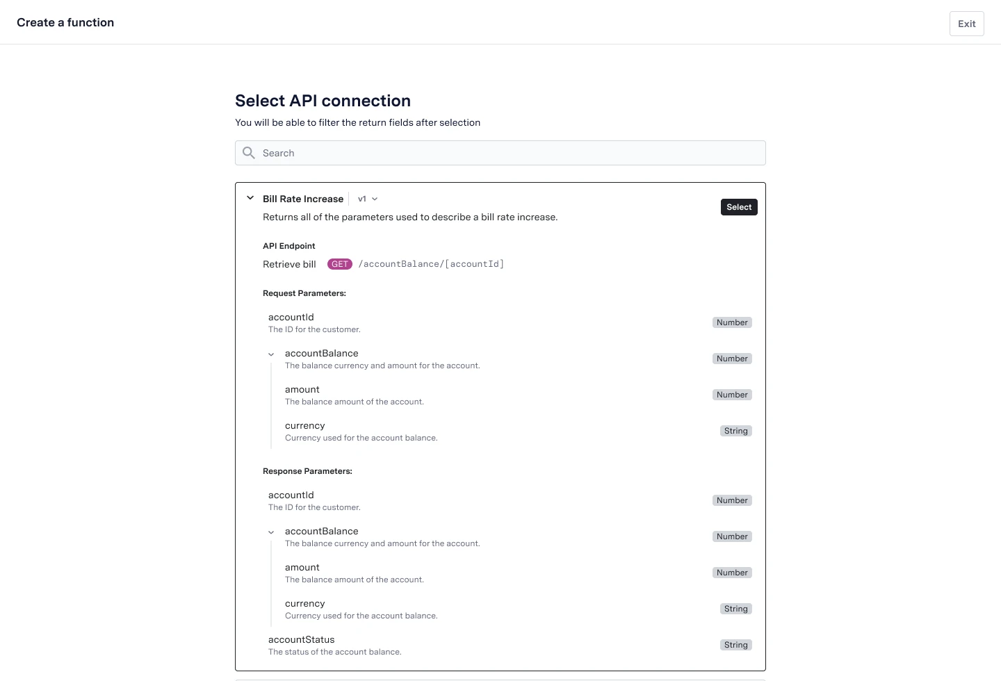 Select API connection: endpoint, request and response parameters
